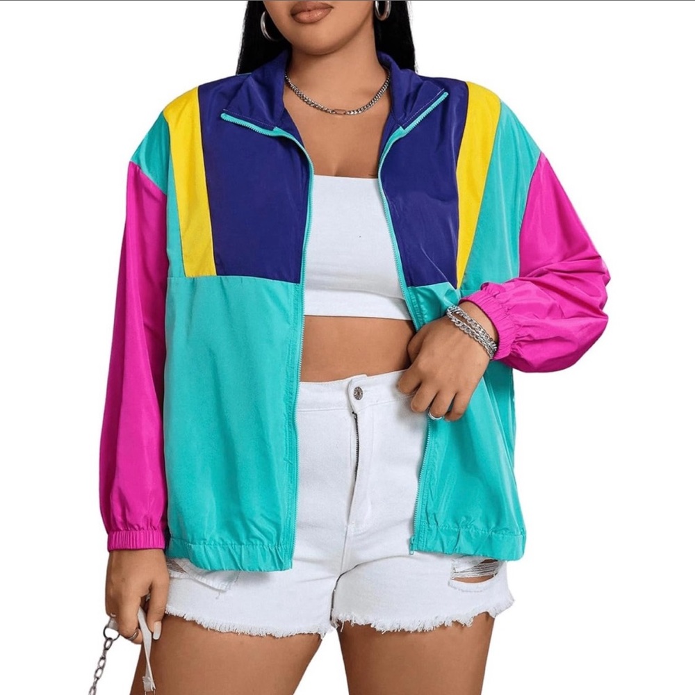 Vintage Women's Lightweight Color Block Collared Windbreaker Jackets